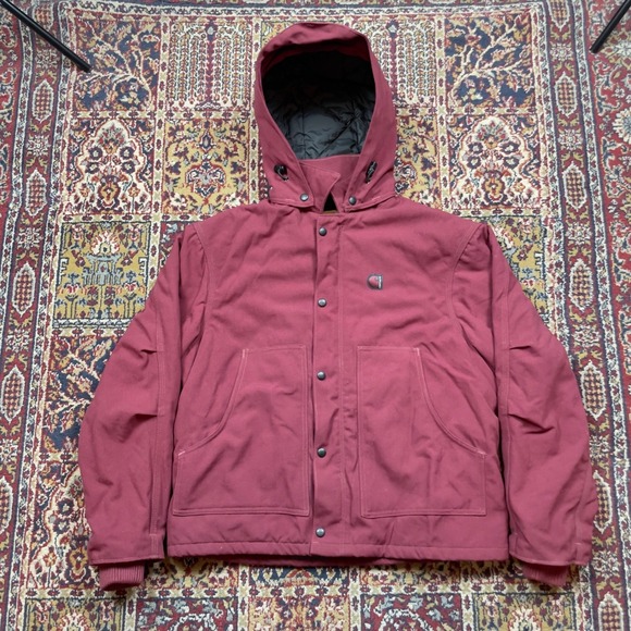 VTG Carhartt Red Logo Burgundy Lined Hooded Arctic Parka Canvas Work Jacket M-L